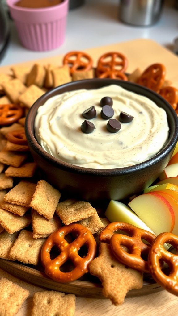 A creamy cookie dough dip with chocolate chips in a rustic bowl, served with graham crackers and fresh fruit.